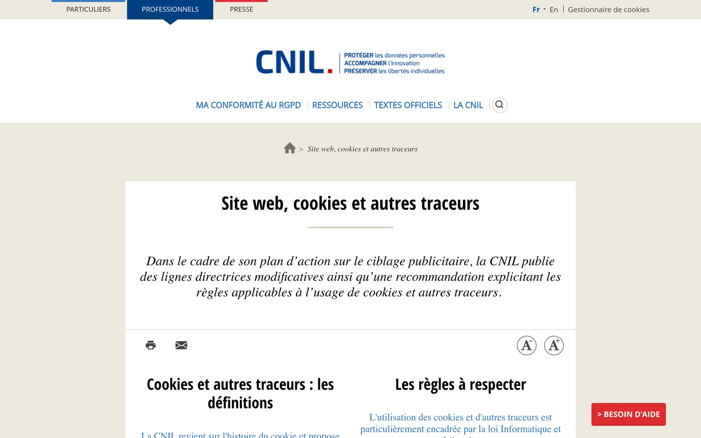 CNIL official guidance page on website cookies and trackers