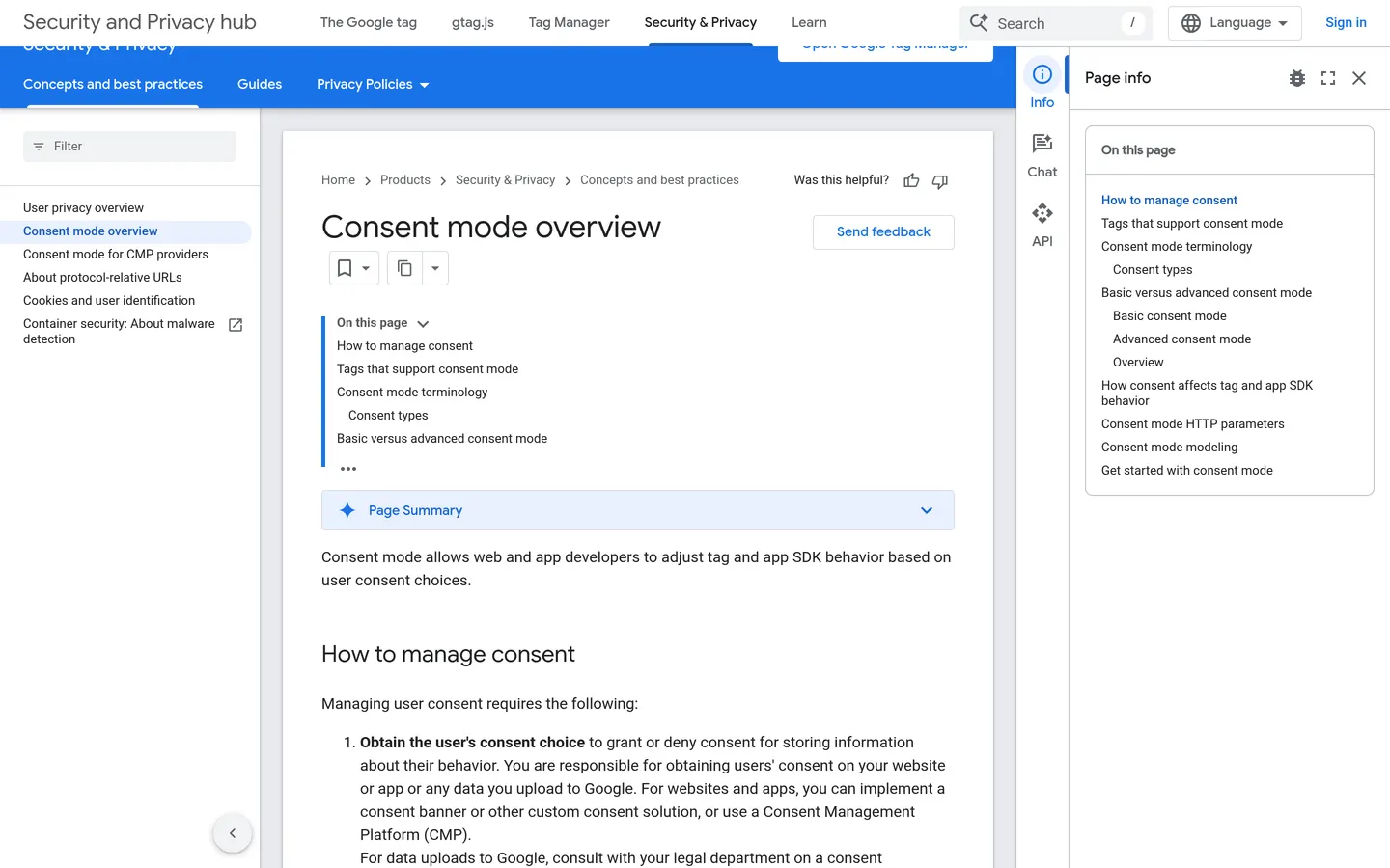 Google Security and Privacy hub showing Consent Mode overview documentation