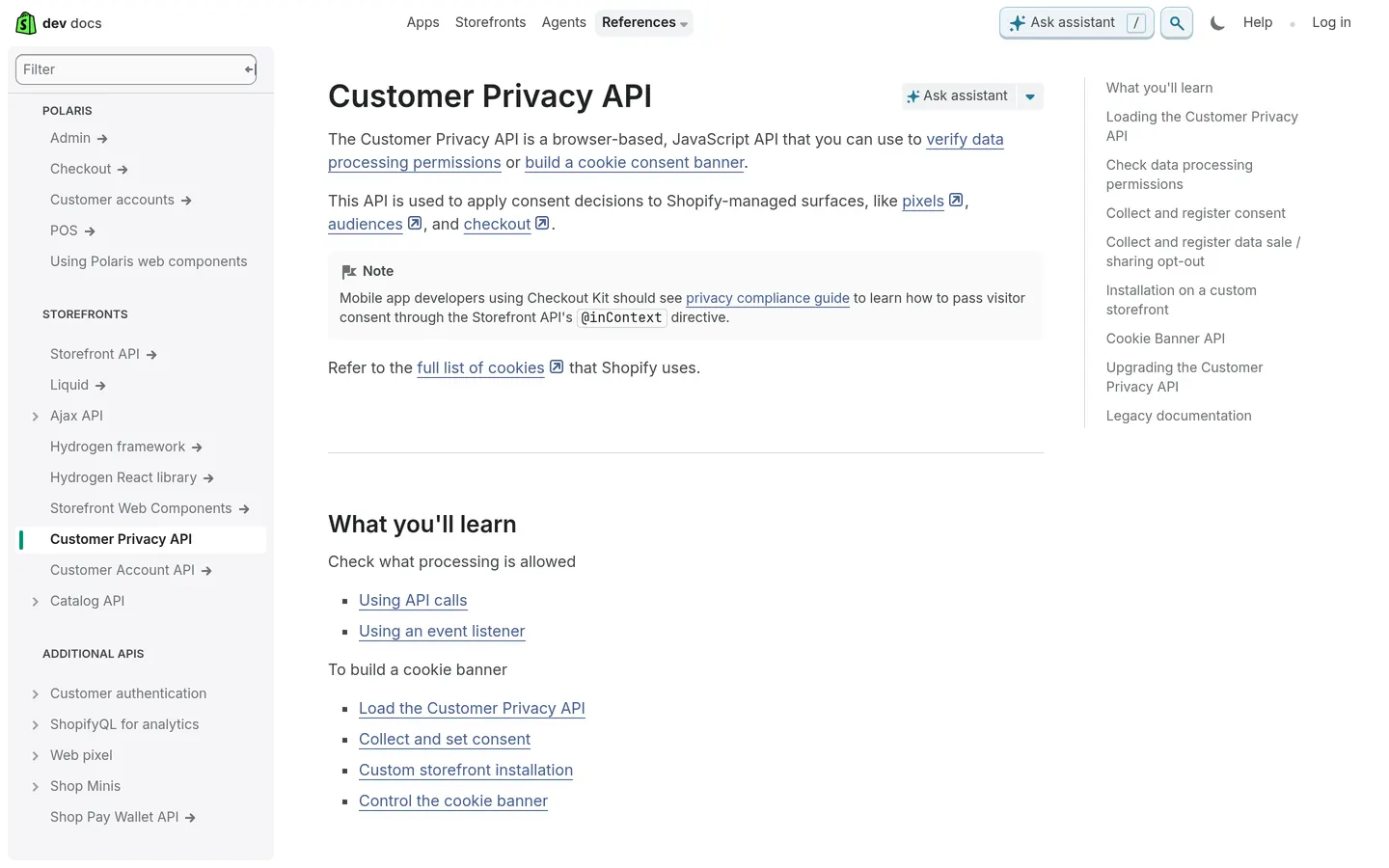 Shopify dev docs page showing the Customer Privacy API reference