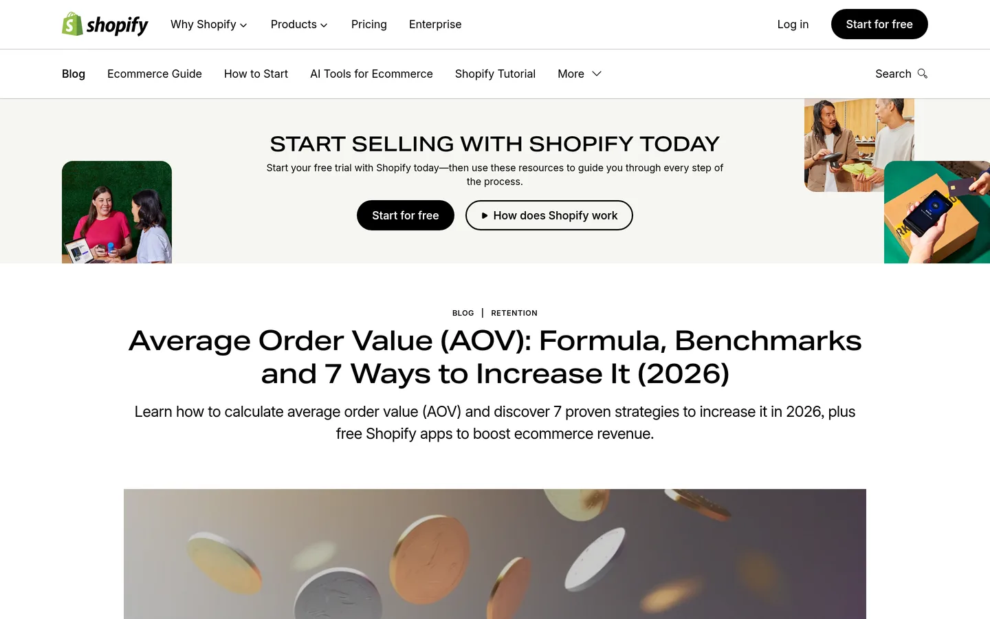 Screenshot of the Shopify AOV blog post on shopify.com showing the strategies Shopify recommends to increase average order value