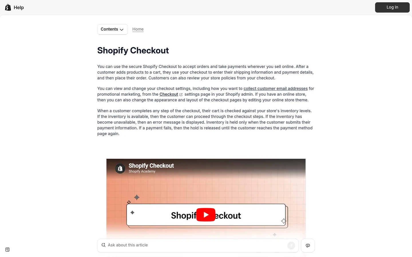 Screenshot of the Shopify Help Center documentation page on post-purchase offers