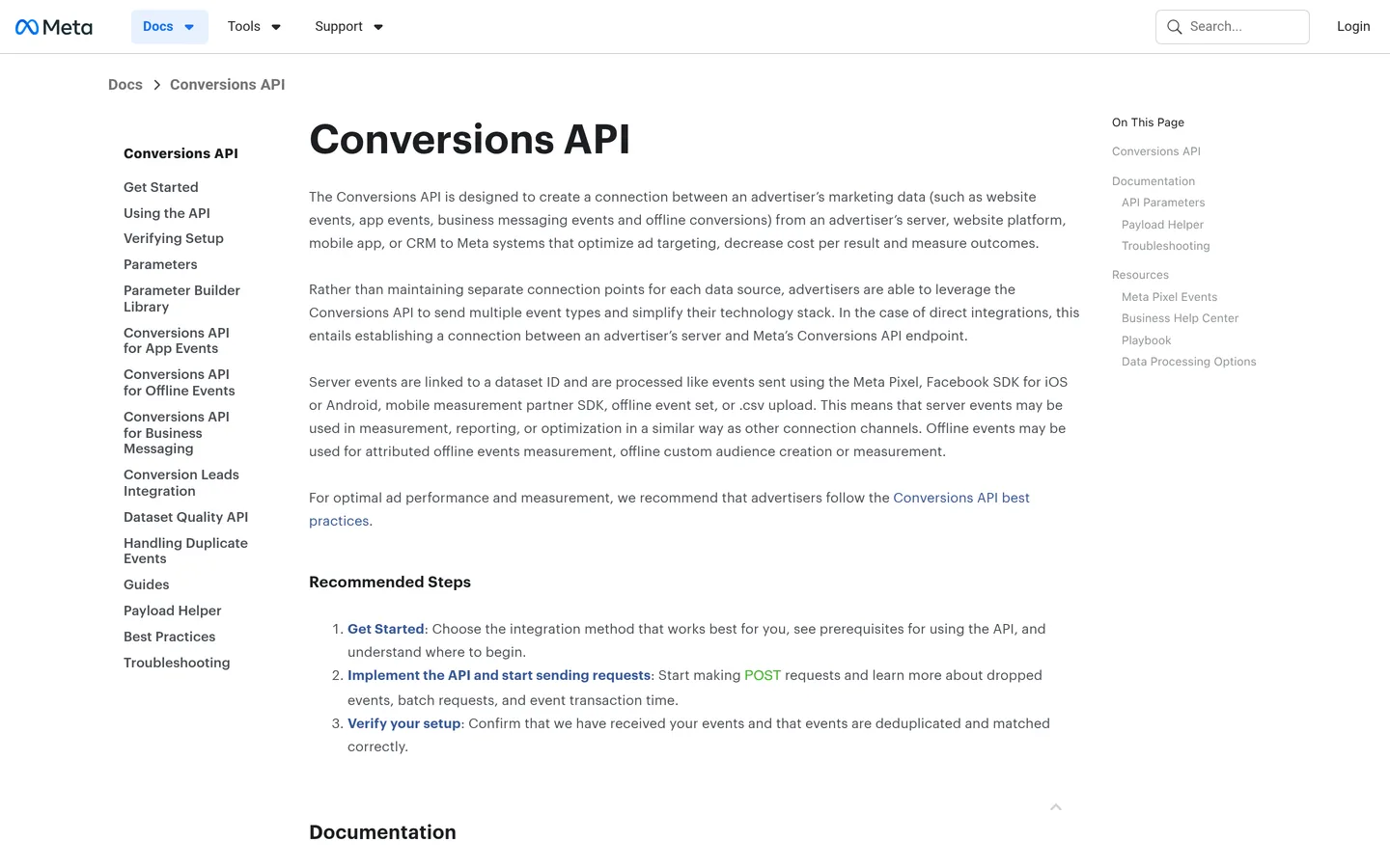 Capture de la documentation Meta Conversions API sur developers.facebook.com