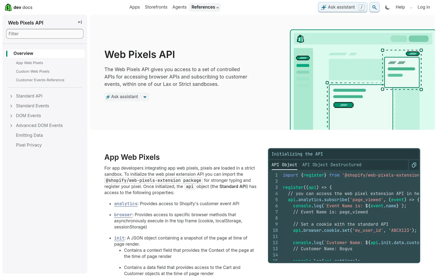 Capture de la documentation Shopify sur l'API Web Pixels