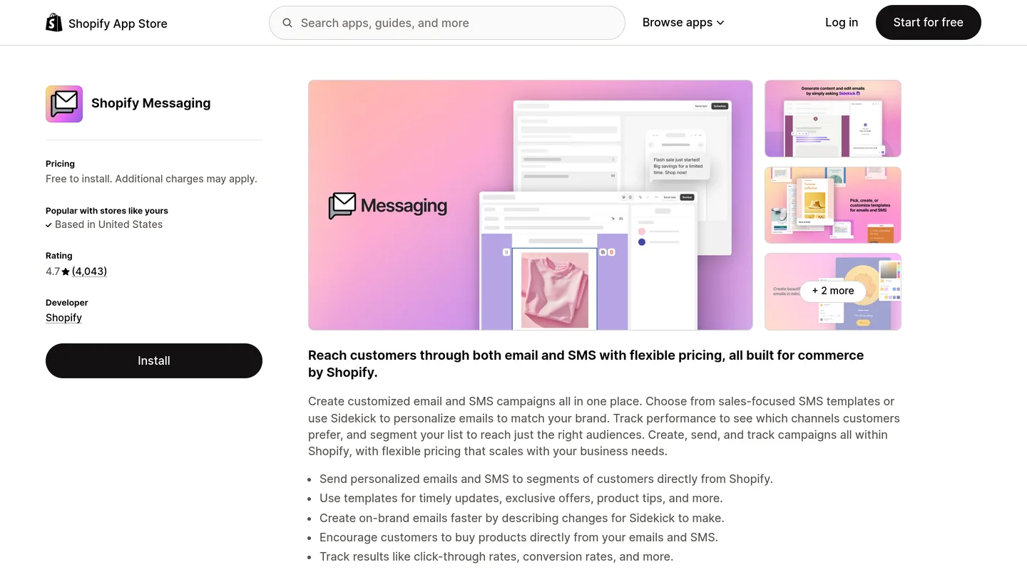Shopify Messaging listing on the Shopify App Store, still showing only email and SMS at the time of writing
