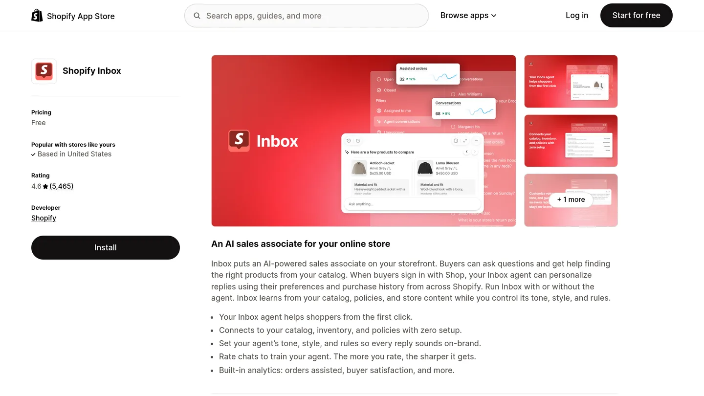 La fiche Shopify Inbox sur l'App Store Shopify, où vivent les réponses suggérées par Sidekick