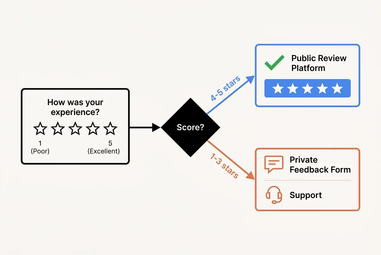 Diagram of conditional review routing showing a 1-5 star satisfaction survey branching to public review platforms for high scores and a private feedback portal for low scores