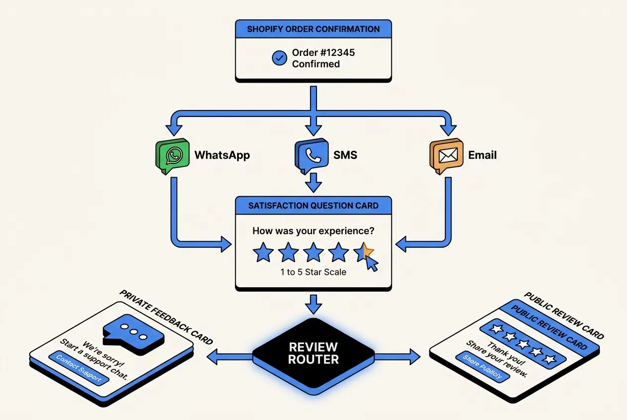 Multi-channel review collection funnel showing Shopify order triggering WhatsApp, SMS or email survey, then routing to Trustpilot or a private feedback destination based on satisfaction score