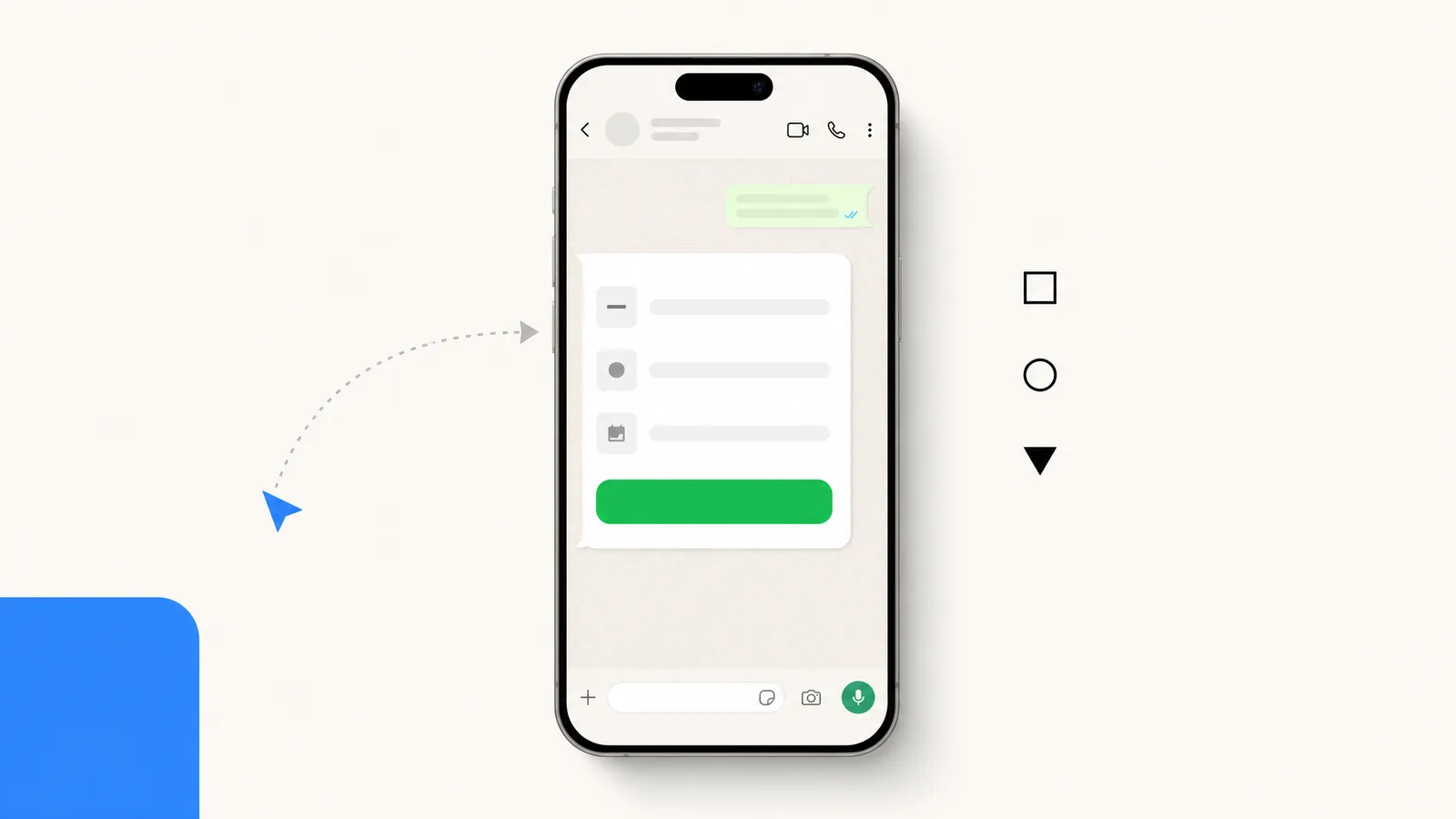 Flow WhatsApp affiché dans un chat : formulaire de réservation avec sélecteur de date, liste déroulante et bouton d'envoi