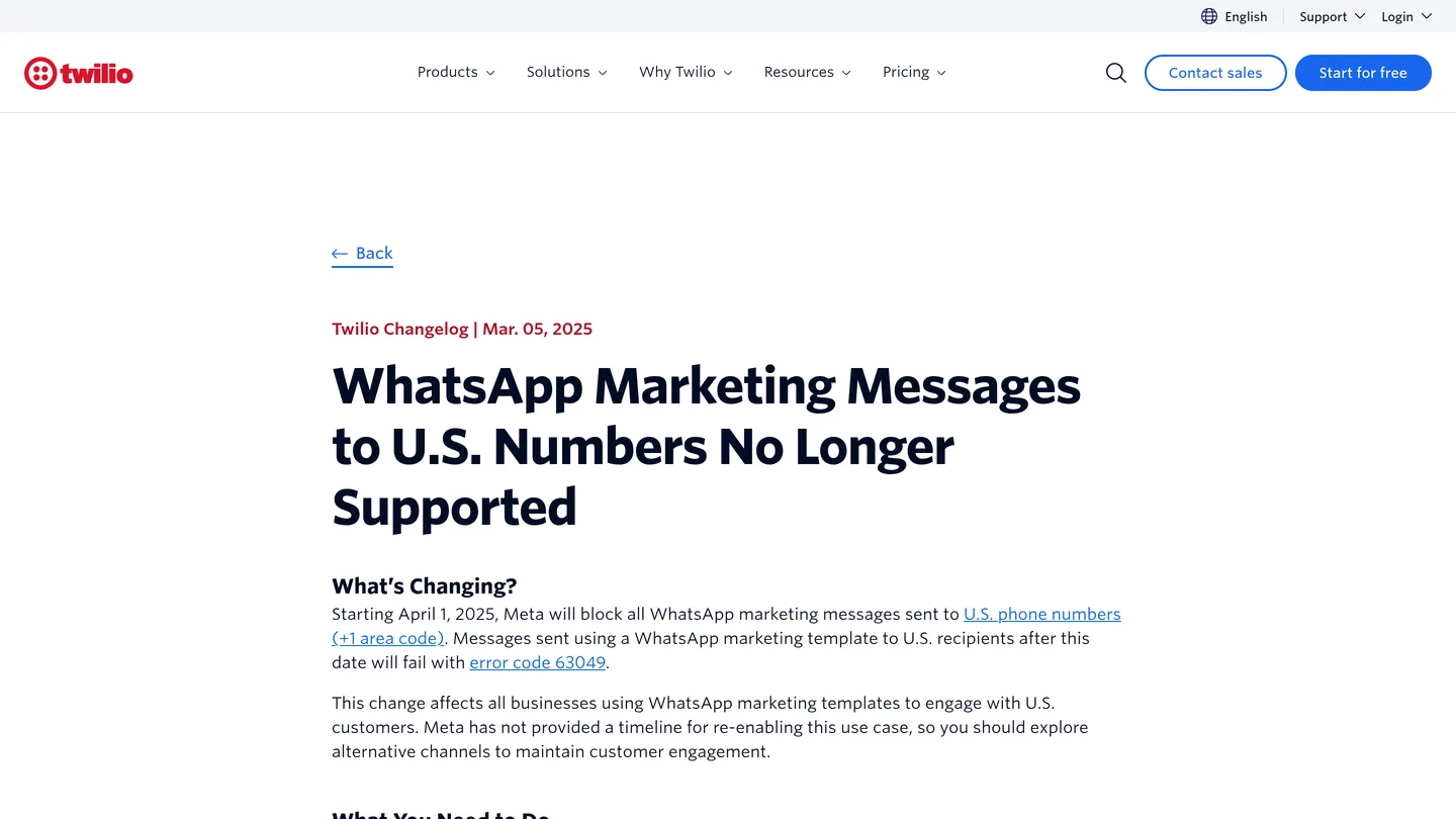 Twilio's changelog documenting Meta's pause of WhatsApp marketing messages to US numbers