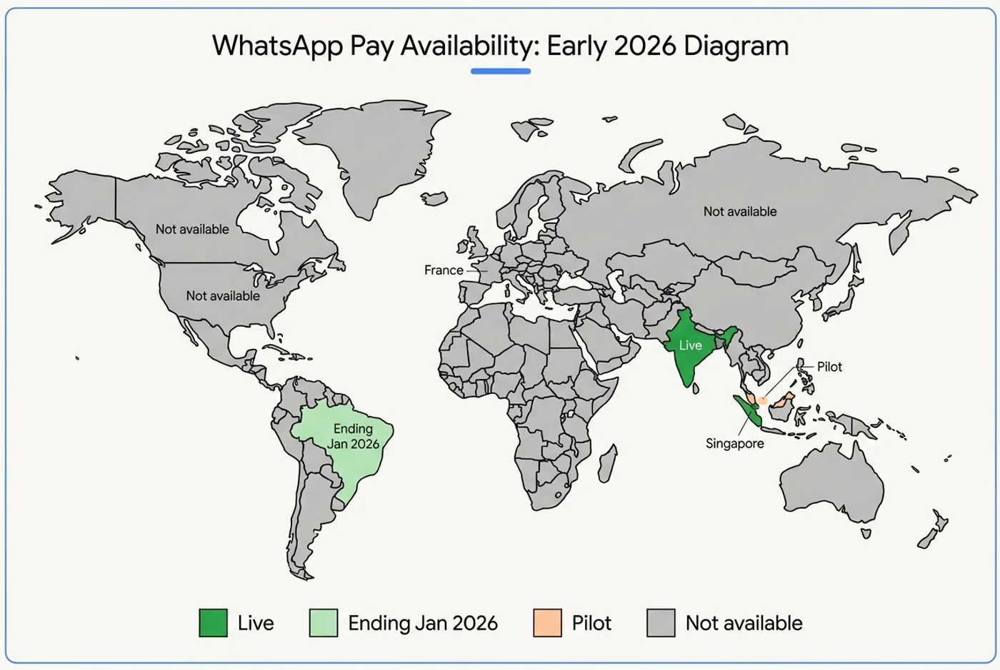 Carte du monde de la disponibilité WhatsApp Pay : Inde et Singapour en vert, Brésil en vert clair indiquant fin en janvier 2026, France, Europe et Amérique du Nord en gris non disponible
