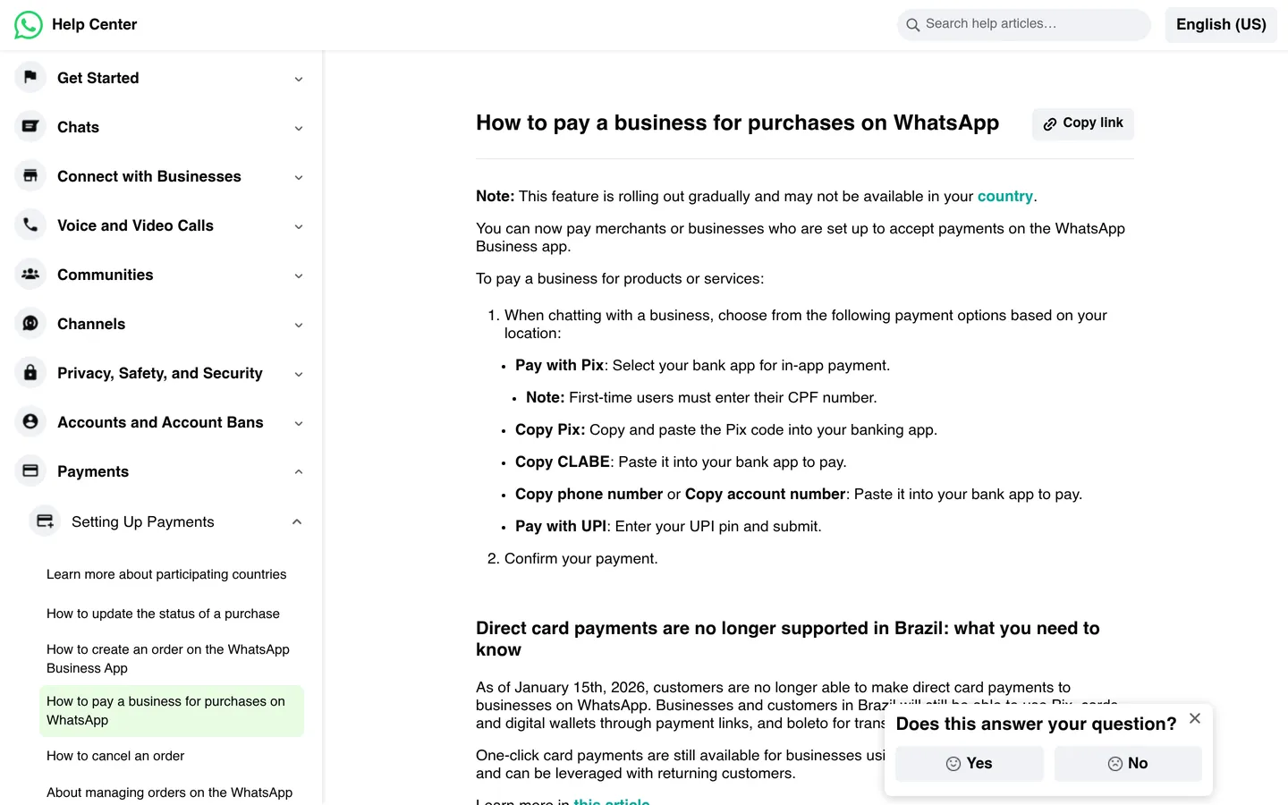 Page du centre d'aide WhatsApp expliquant comment payer une entreprise via Pix, CLABE, UPI, avec une notice indiquant l'arrêt des paiements carte directs au Brésil le 15 janvier 2026