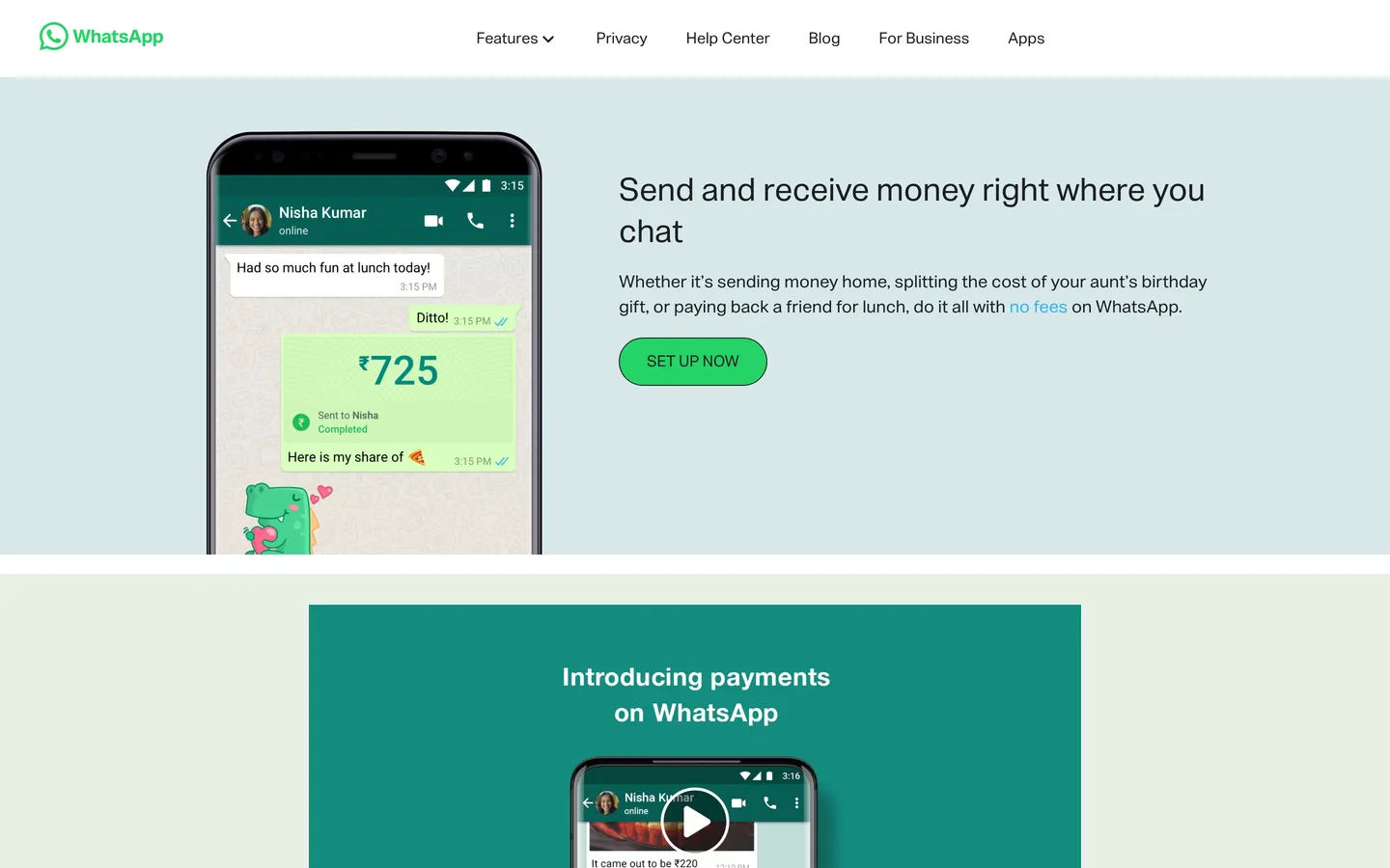 Page d'accueil WhatsApp Payments Inde montrant une conversation avec un transfert de 725 roupies et le slogan Send and receive money right where you chat