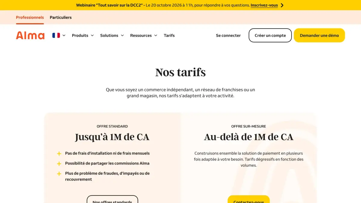 La page tarifs d'Alma, avec son offre standard jusqu'à 1 M€ de chiffre d'affaires