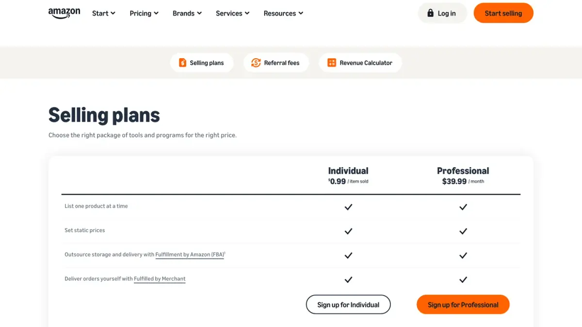 Amazon seller pricing page comparing the Individual and Professional selling plans and their prices