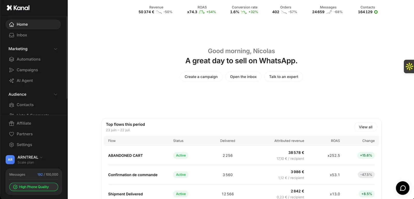 Kanal dashboard with the shared inbox for Instagram and WhatsApp conversations
