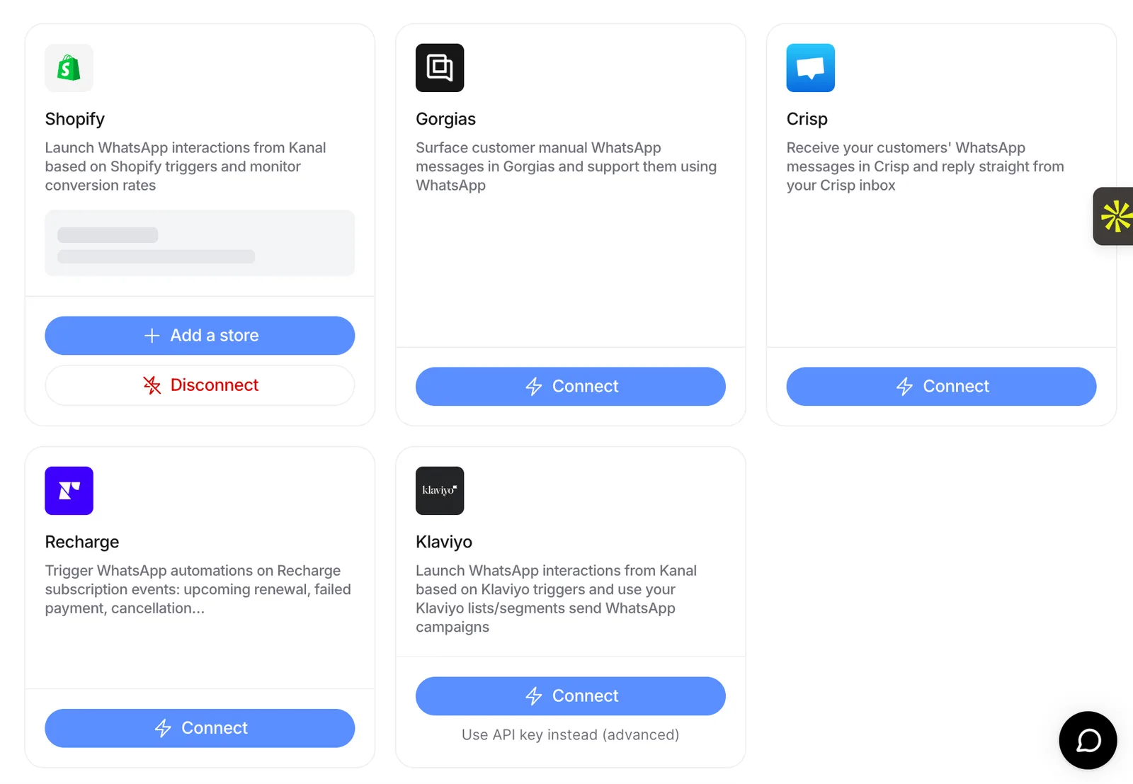 Kanal integrations: Shopify, Gorgias, Crisp, Recharge, and Klaviyo