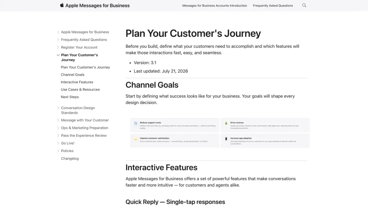 Apple Messages for Business documentation page on planning the customer journey and channel goals