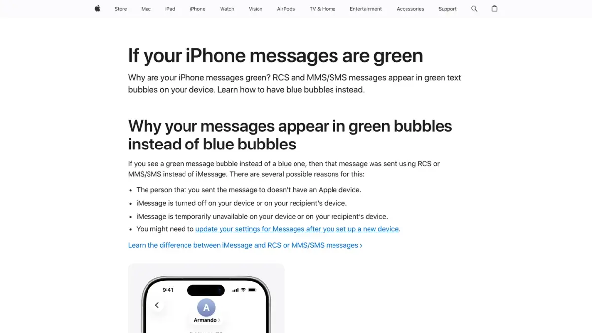 Apple Support page explaining why iPhone messages appear in green bubbles