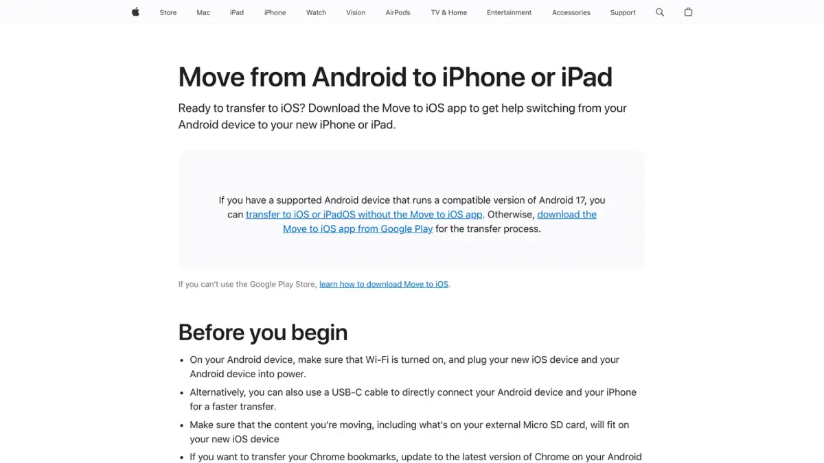 Apple Support page Move from Android to iPhone or iPad with the Move to iOS app