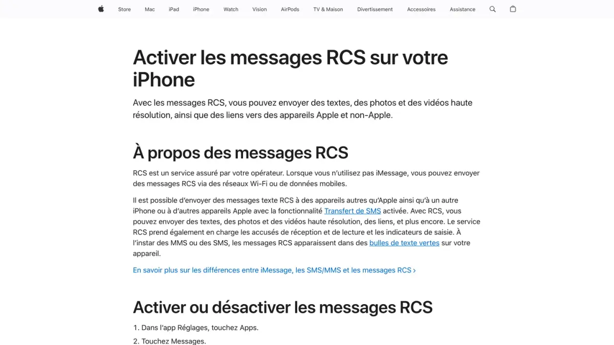 Page d'assistance Apple sur l'activation de la messagerie RCS sur iPhone