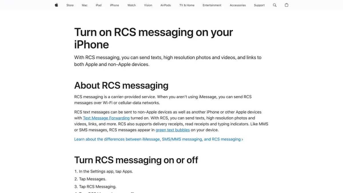 Apple Support page about turning on RCS messaging on iPhone
