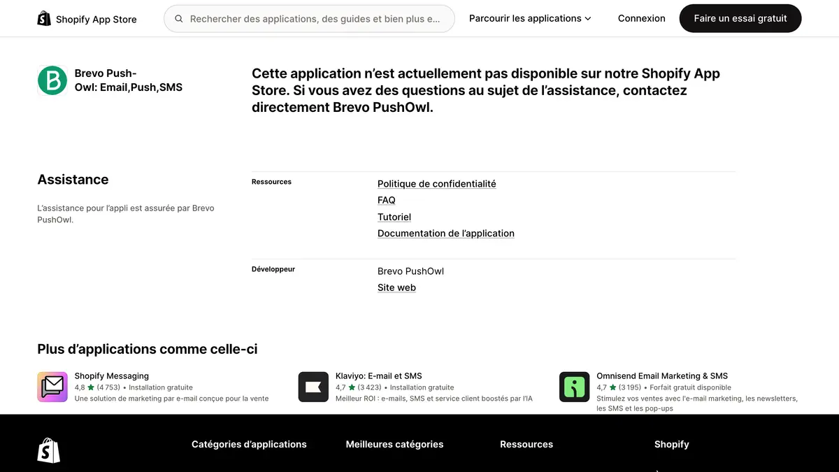 La fiche Brevo PushOwl du Shopify App Store en français, avec le message indiquant que l'application n'est actuellement pas disponible