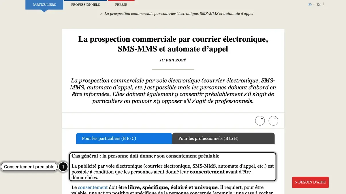 Page de la CNIL sur la prospection commerciale par voie électronique : le consentement préalable des particuliers