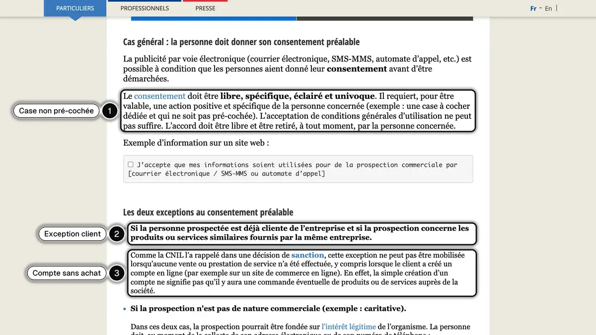 La page de la CNIL sur la prospection commerciale par SMS, avec la case non pré-cochée, l'exception client et la précision sur les comptes créés sans achat