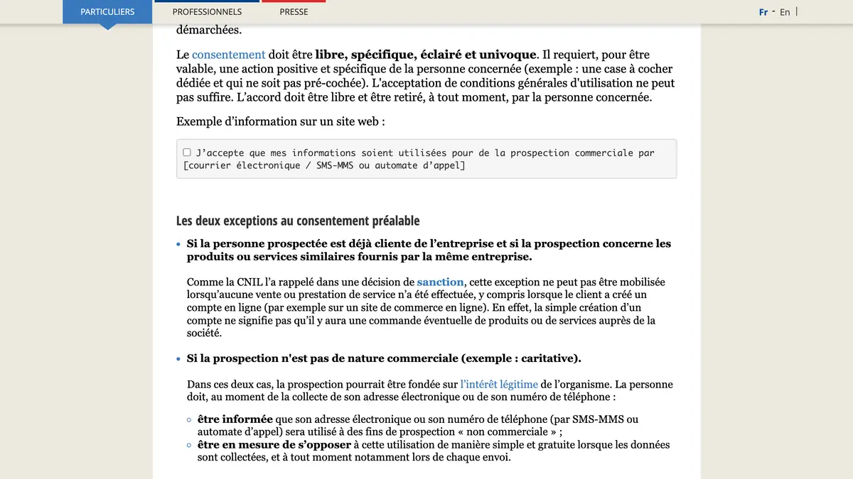 La page de la CNIL sur la prospection commerciale par SMS-MMS, avec le consentement préalable et les deux exceptions, dont la création de compte sans commande