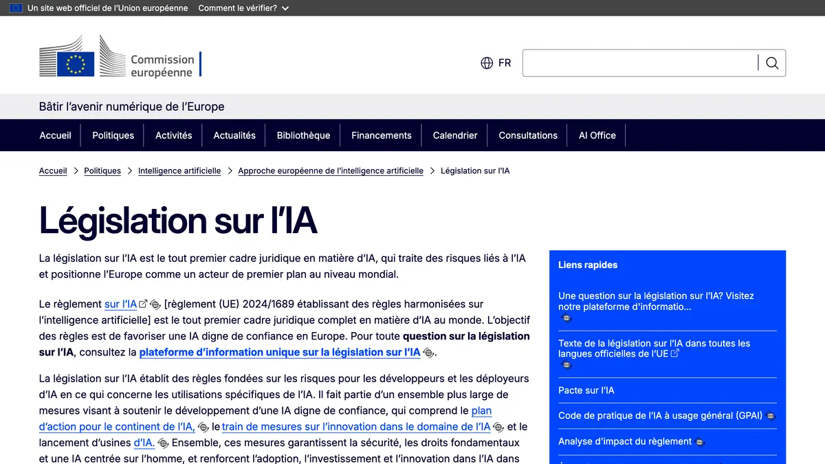 Page de la Commission européenne sur la législation sur l'IA, le cadre juridique européen de l'intelligence artificielle