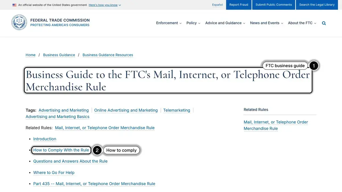 FTC business guide to the Mail, Internet, or Telephone Order Merchandise Rule, with its section on how to comply