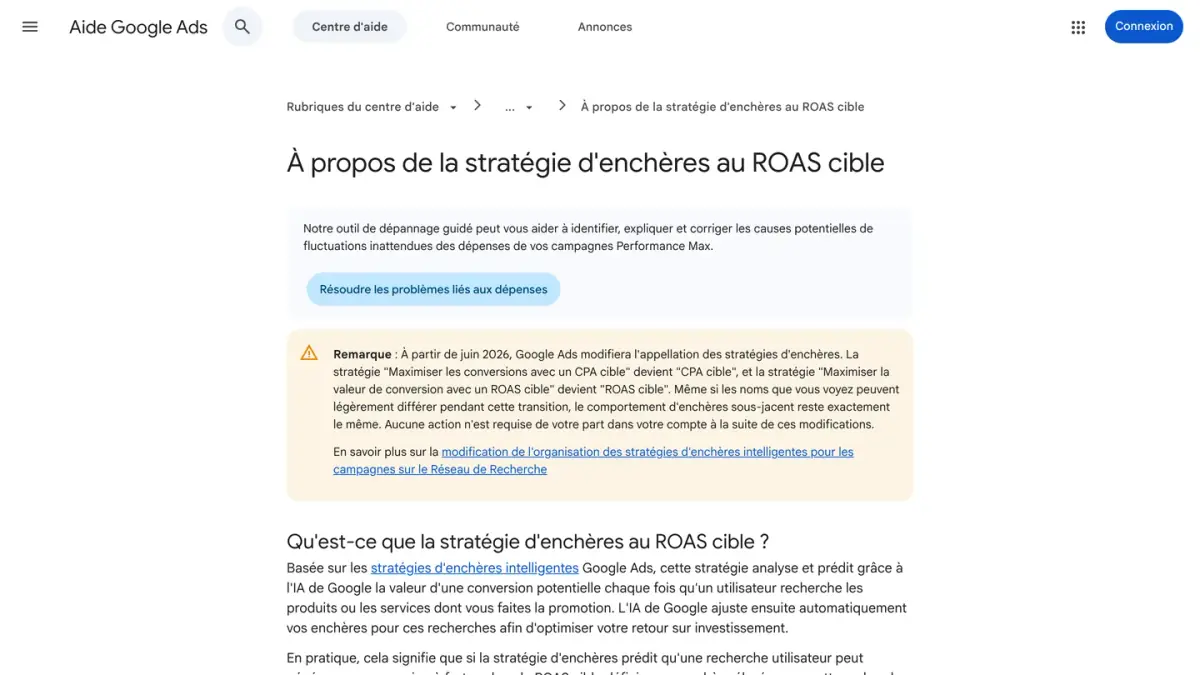 La page d'aide de Google Ads À propos de la stratégie d'enchères au ROAS cible