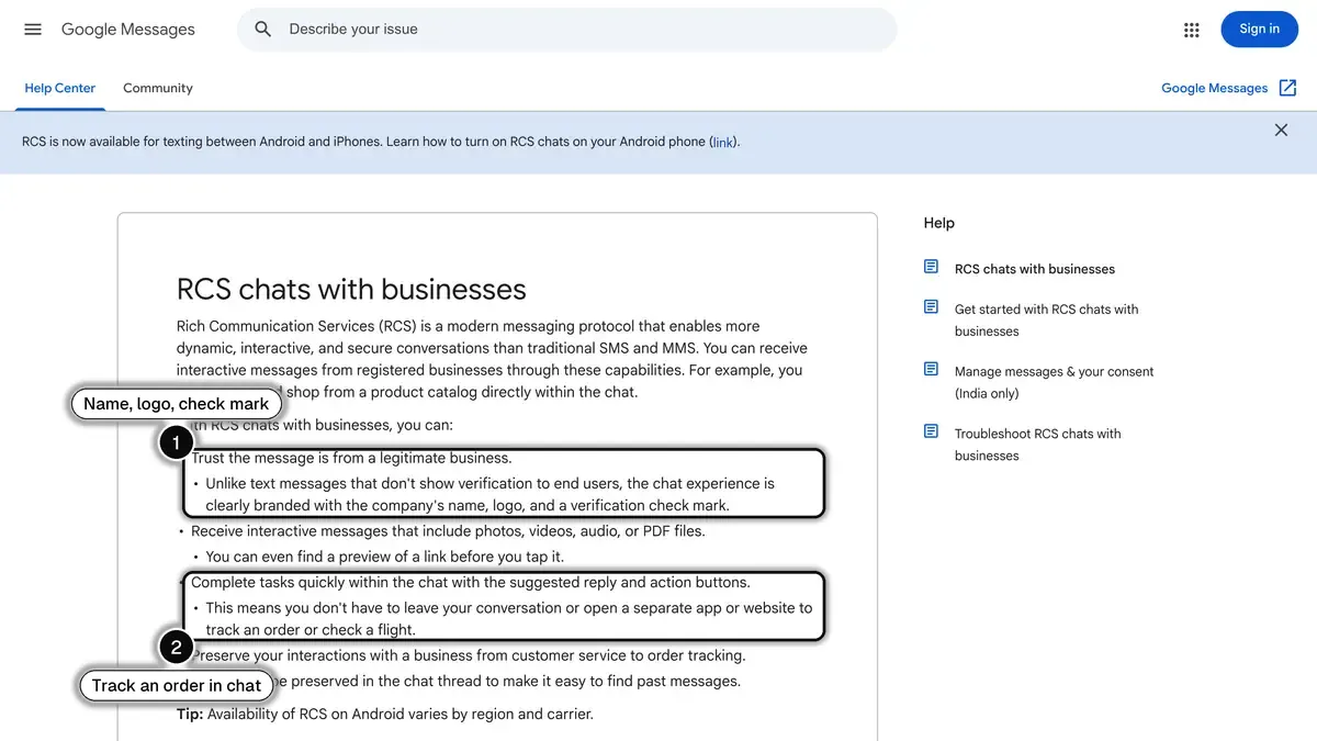 Google Messages Help page on RCS chats with businesses, with the branded name, logo and check mark (1) and order tracking inside the chat (2) highlighted