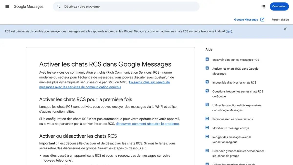 Page de l'aide Google Messages « Activer les chats RCS dans Google Messages »