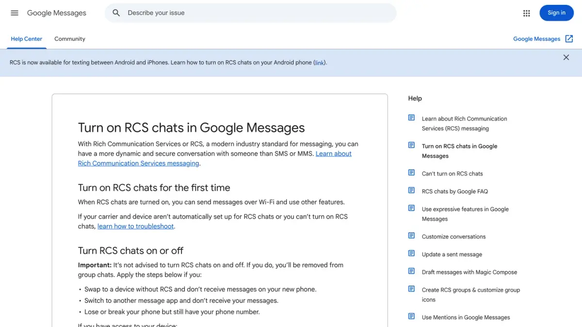 Google Messages Help page Turn on RCS chats in Google Messages