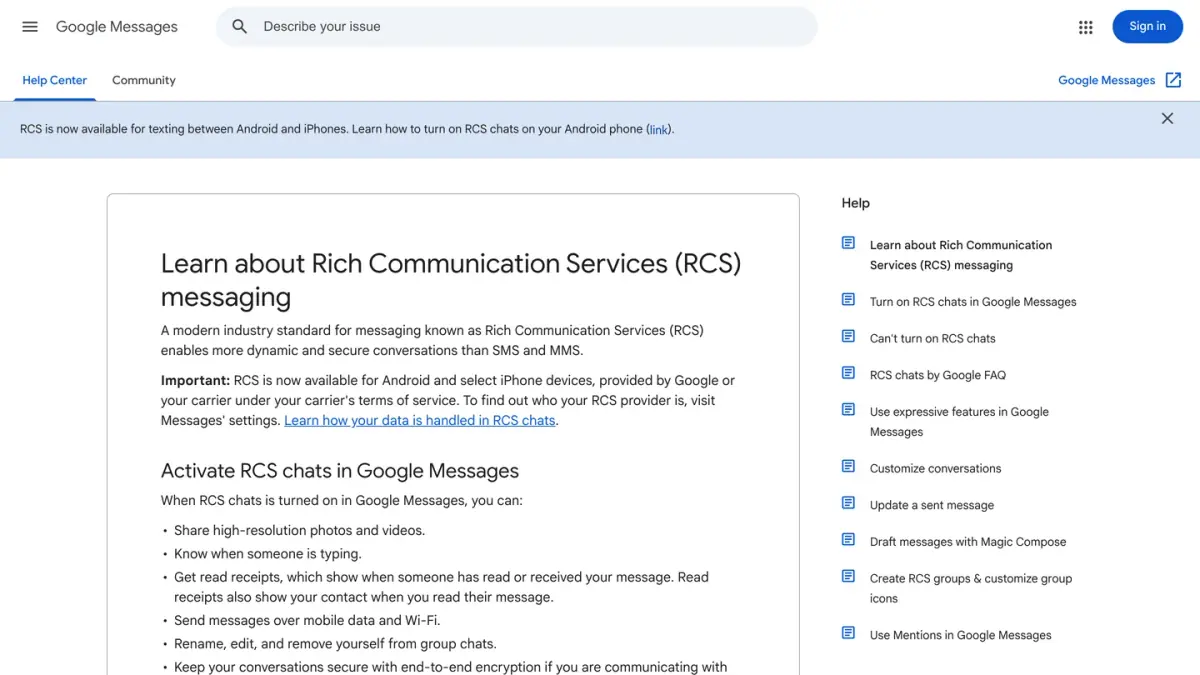 Google Messages Help page Learn about Rich Communication Services (RCS) messaging