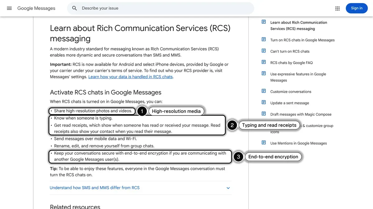 Google Messages Help page on RCS messaging, with high-resolution media (1), typing indicators and read receipts (2) and end-to-end encryption (3) highlighted
