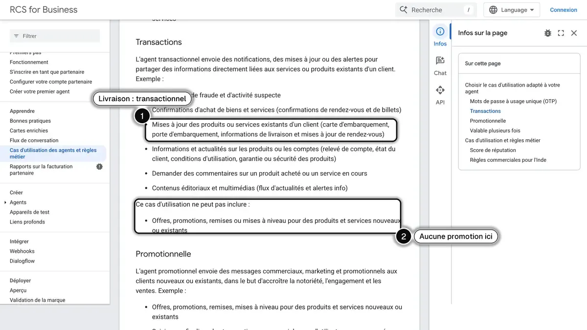 Documentation de Google sur les cas d'usage des agents RCS, avec les informations de livraison classées en transactionnel (1) et l'interdiction des offres dans ce cas d'usage (2) encadrées