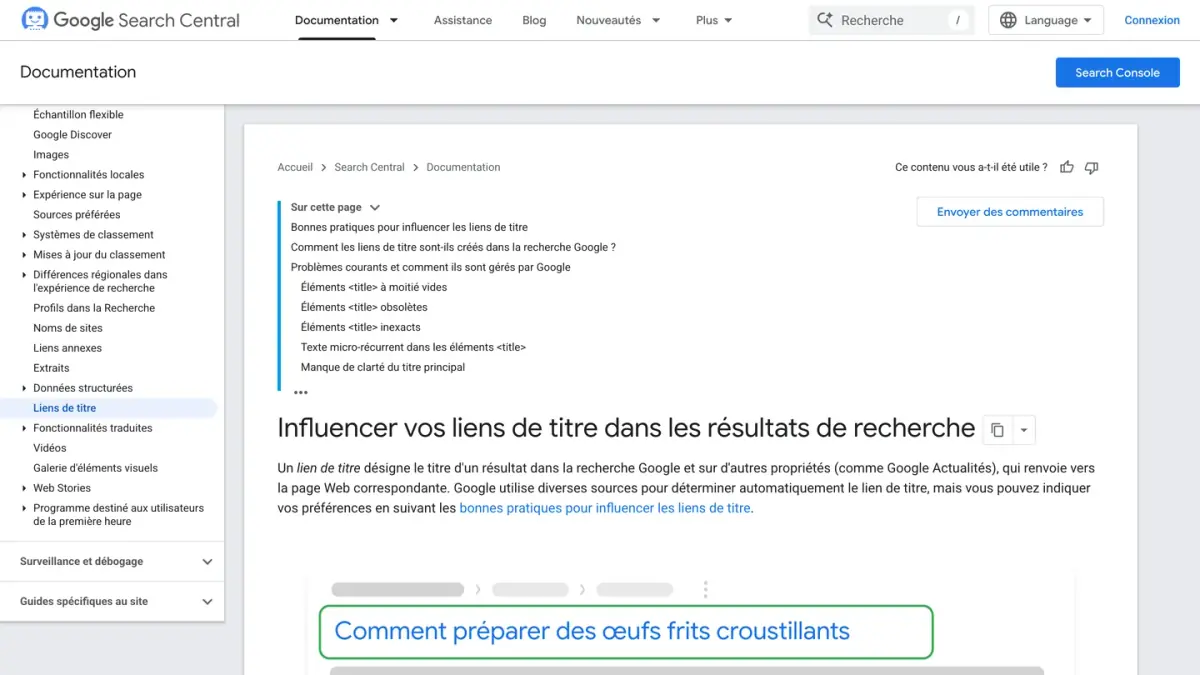 La documentation Google Search Central sur les liens de titre dans les résultats de recherche