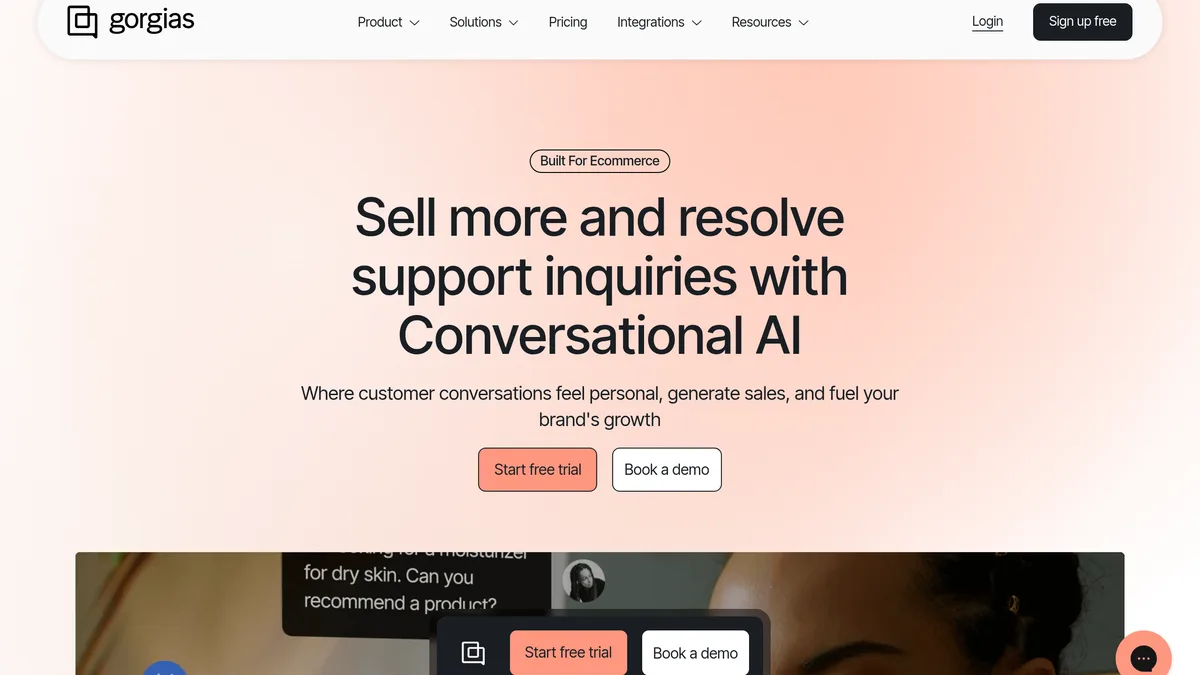 Gorgias helpdesk homepage with WhatsApp channel integration
