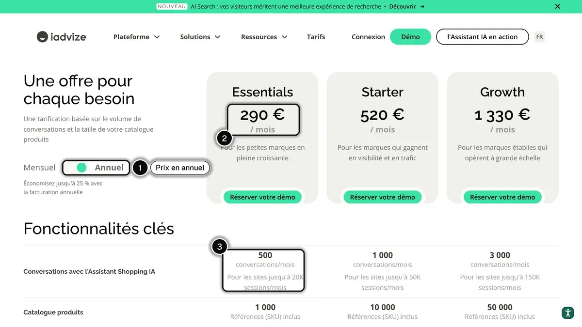 Page tarifs d'iAdvize en français, avec la facturation annuelle (1), le prix de l'offre Essentials (2) et les 500 conversations mensuelles avec l'Assistant Shopping IA (3) mis en évidence