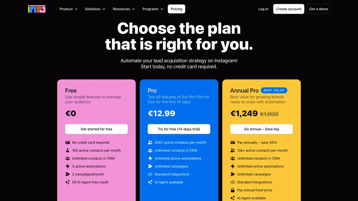Inrō pricing page with the Free, Pro and Annual Pro plan cards in euros, October 2026