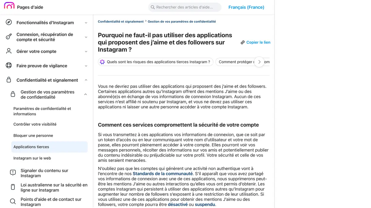 L'article des pages d'aide Instagram qui explique pourquoi ne pas utiliser d'applications proposant des j'aime et des followers