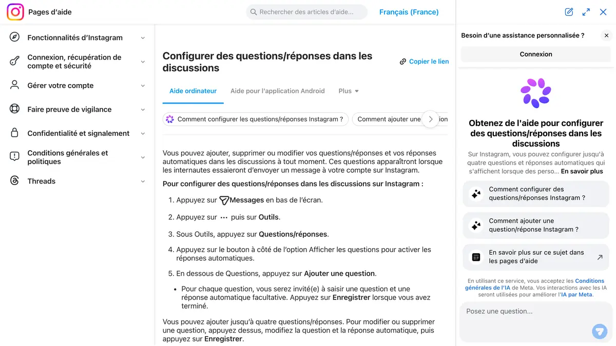 Page d'aide Instagram qui détaille les étapes pour configurer des questions/réponses dans les discussions
