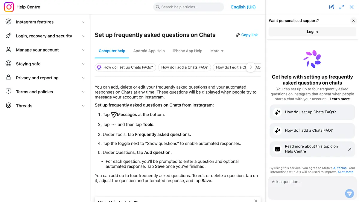 Instagram Help Center page listing the steps to set up frequently asked questions on Chats