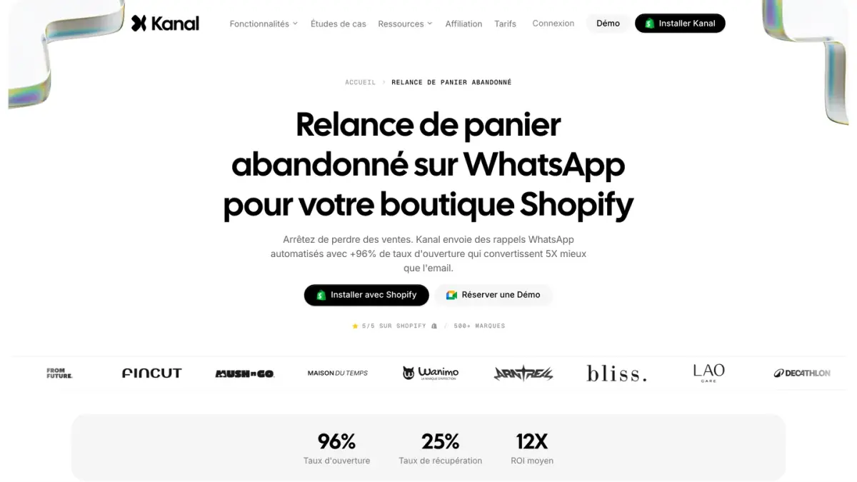 La page de Kanal sur la relance de panier abandonné par WhatsApp pour Shopify