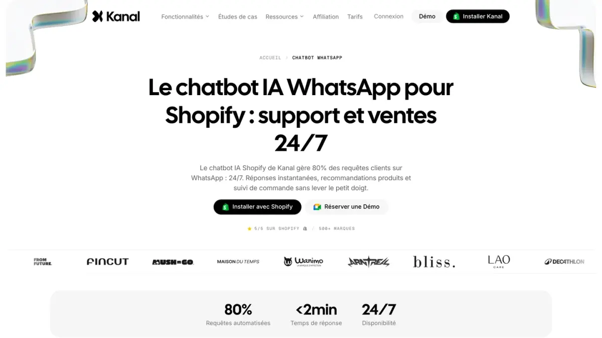 La page du chatbot IA WhatsApp de Kanal pour les boutiques Shopify