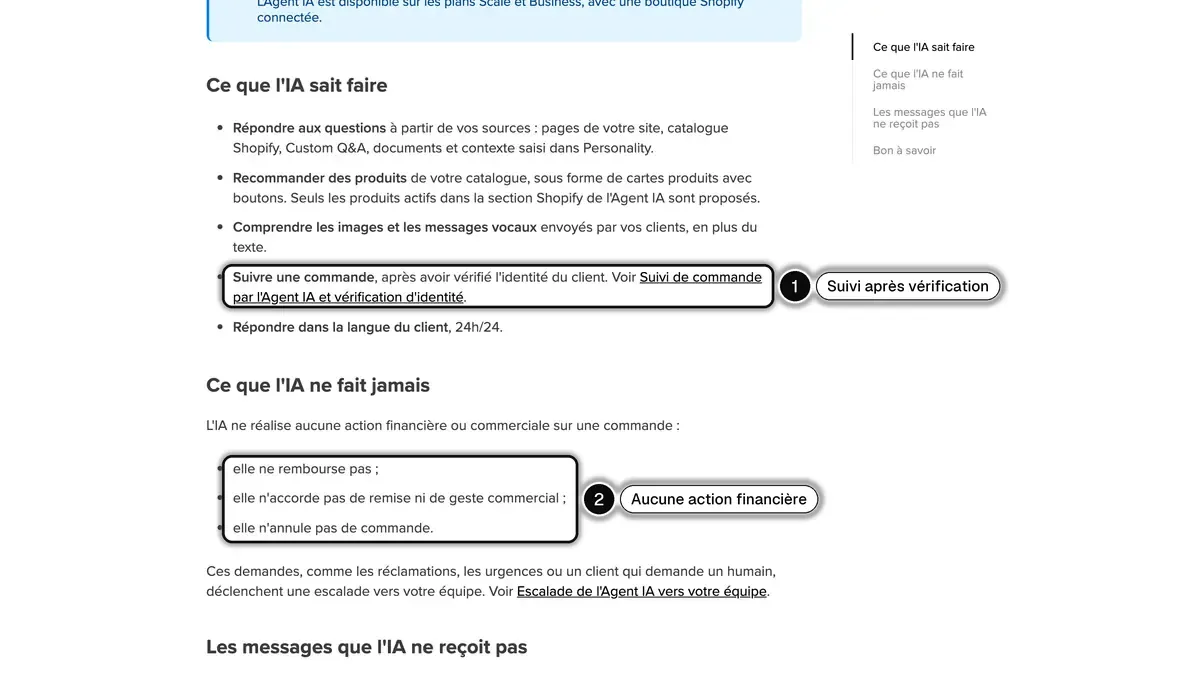 Article du centre d'aide de Kanal qui liste ce que l'Agent IA sait faire, avec le suivi de commande après vérification d'identité (1) et l'absence d'action financière (2) mis en évidence