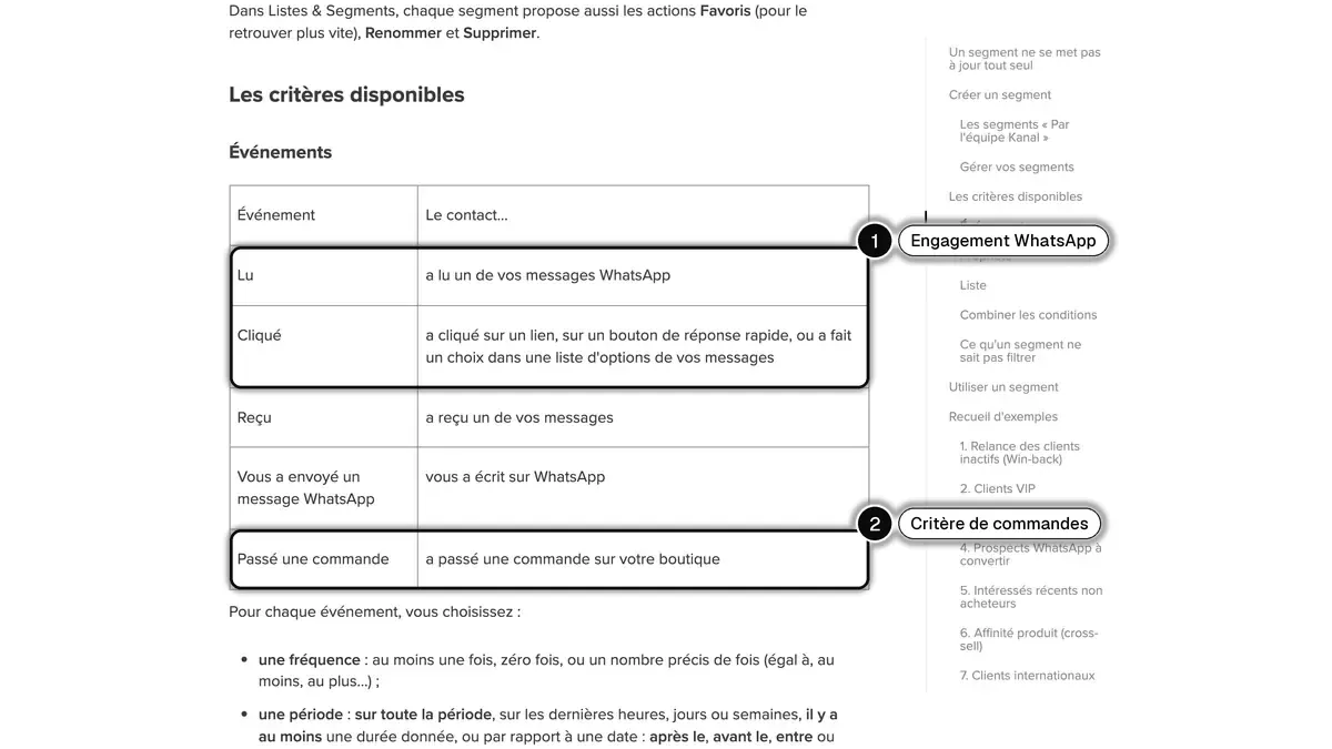 Article d'aide Kanal en français sur les segments : les événements disponibles, dont Lu, Cliqué et Passé une commande