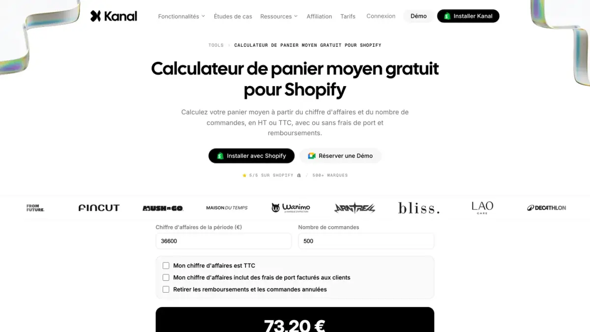 Le calculateur de panier moyen gratuit de Kanal, avec ses options TTC et frais de port